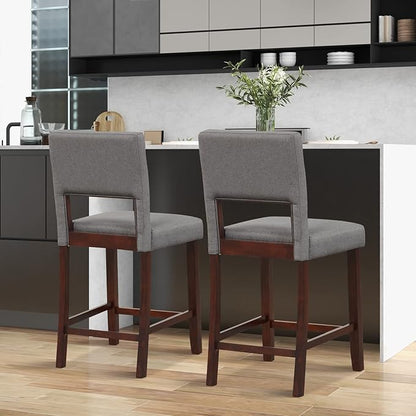 COSTWAY Bar Stools Set of 2, Linen 24.5 Inch Counter Height Chairs with Hollowed Backs, Rubber Wood Legs, Upholstered Barstools for Kitchen Island Home Bar Pub Dining Room, Grey