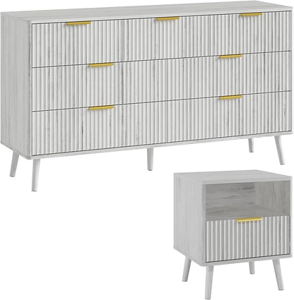 LYNSOM Fluted Dresser and Nightstand Sets 2 Piece, 1-Drawer Nightstands and 7-Drawers Dresser, Wood Bedroom Furniture Set for Home, Bedroom, Hallway, White