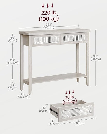 VASAGLE Console Table, Sofa Table, Narrow Entryway Table with 2 Drawers, Open Storage Shelf, Rounded Corners, for Living Room, Boho Style, Oatmeal Beige ULNT016K66