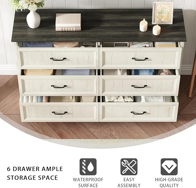 CARPETNAL Farmhouse Dresser and Nightstand Sets for Bedroom, 4 Pcs Bedroom Set, 5 Drawer & 6 Drawer Dresser and Nightstand Set of 2, Wood Chest of Drawers for Living Room, Entryway, White