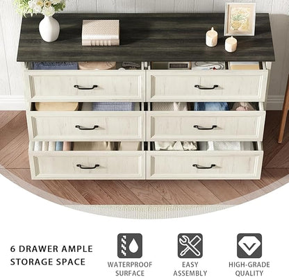CARPETNAL Farmhouse Dresser and Nightstand Sets for Bedroom, 4 Pcs Bedroom Set, 5 Drawer & 6 Drawer Dresser and Nightstand Set of 2, Wood Chest of Drawers for Living Room, Entryway, White