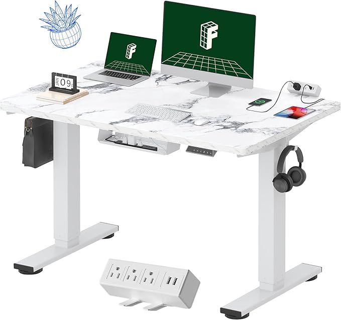 FLEXISPOT EN2 Whole-Piece Standing Desk with Clamp Power Strip, 48 x 30 Electric Stand Up Height Adjustable Desk with Cable Management (White Frame + 48" Marble Gray Top, 2 Packages)