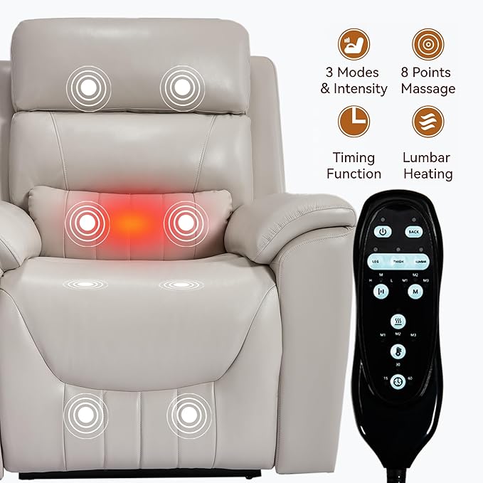 PELUMY Power Lift Recliner Chair for Elderly with Massage and Heat, Dual Motor Heavy Duty 350lbs Recliner, 8-Point Vibration & Lumbar Heating, Electric Lift Chair (Breathable Leather, Light Grey)