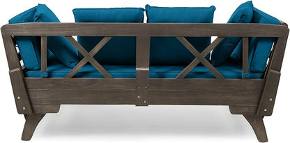 Christopher Knight Home Gary Patio Convertible Couch, Wooden Outdoor Daybed, 3-Seater Acacia Wood Patio Furniture Lounge Sofa for Backyard/Poolside/Garden, Back Pillow+Removable Cushion, Grey+Teal