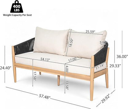 Christopher Knight Home Katarina Patio Acacia Wood Loveseat Furniture, Outdoor Loveseat Sofa with Comfy Fabric Cushions, 2-Seater Sofa with Handwoven Rope Backrest for Garden/Backyard, Black+Beige
