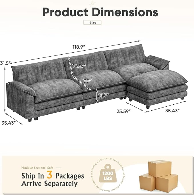 Furniwell Modular Sectional Sofa with Moveable Ottoman, Oversized 3-Seater Couch with Supportive Backrest, Chenille Convertible Sofa Couches for Living Room/Apartment (Grey, L Shaped)