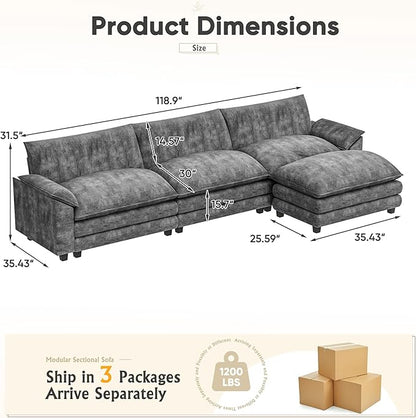 Furniwell Modular Sectional Sofa with Moveable Ottoman, Oversized 3-Seater Couch with Supportive Backrest, Chenille Convertible Sofa Couches for Living Room/Apartment (Grey, L Shaped)