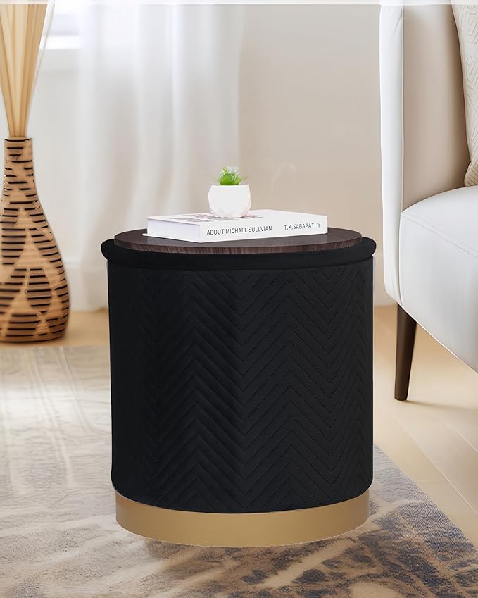 B FSOBEIIALEO Ottoman with Stroage, Round Velvet Storage Ottoman with Gold Plating Base,Foot Rest Stool for Dorm Room, Living Room Black, 16.73"x16.73"x17.72"