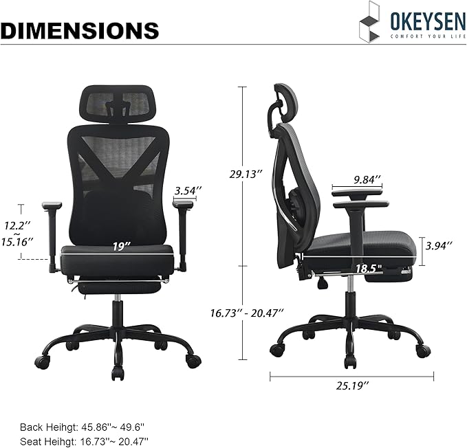 Okeysen High Back Ergonomic Mesh Office Chair, Reclining Computer Desk Chair with Footrest, 2D Adjustable Headrest & 3D Arms, Breathable Back and Lumbar Support for Home Office