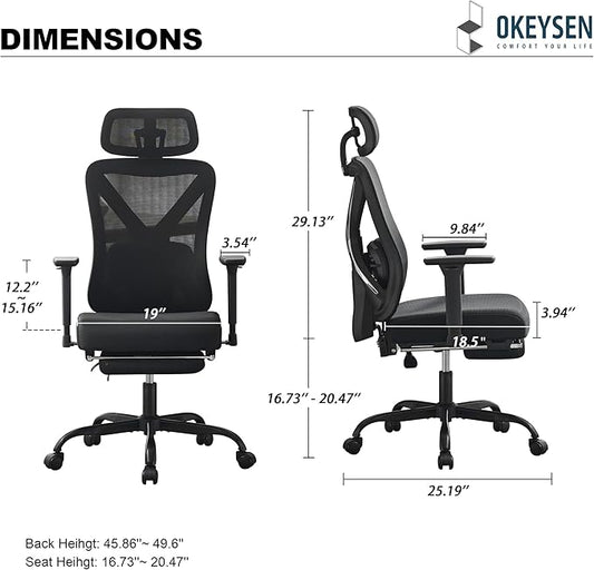 Okeysen High Back Ergonomic Mesh Office Chair, Reclining Computer Desk Chair with Footrest, 2D Adjustable Headrest & 3D Arms, Breathable Back and Lumbar Support for Home Office