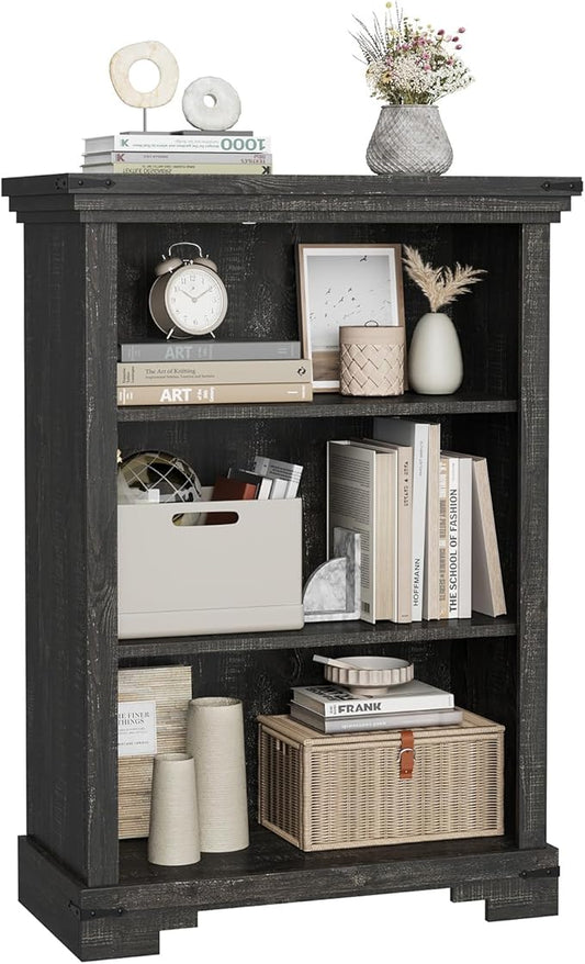 3-Tier Farmhouse Bookshelf, Book Shelf with Open Storage & One Adjustable Shelf, 9.8" D x 26" W x 38" H, Wooden Bookshelf for Study Room, Living Room, Kitchen, Bedroom (Black)