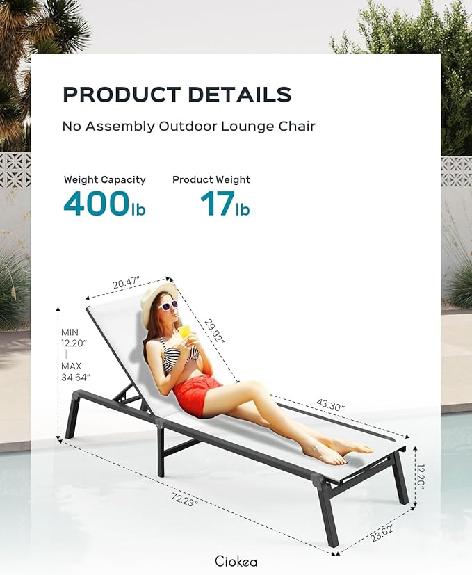 Patio Chaise Lounge Chair, Foldable Lounge Chair for Outside, Aluminum Chairs Set of 2 with 5 Adjustable Backrest, Outdoor Pool Lounger for Poolside, Lawn, Deck, White