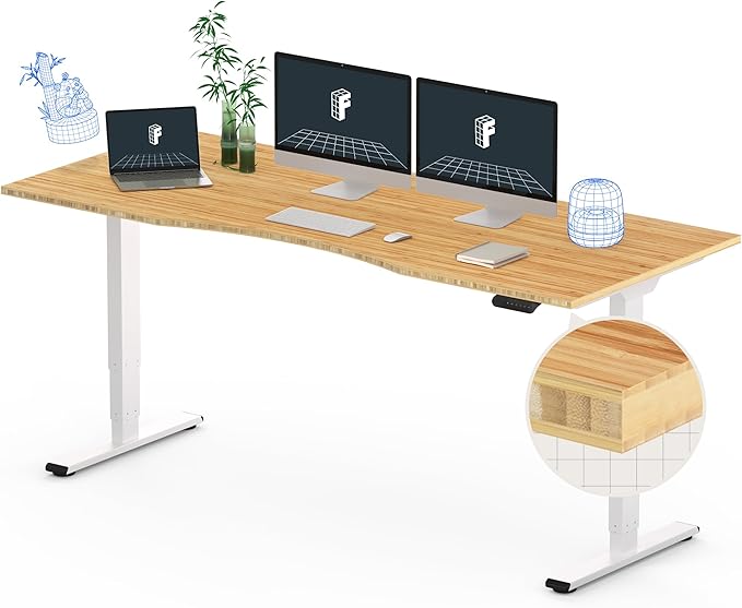 FlexiSpot E6 Bamboo 3-Stage Dual Motor 72 x 30 Electric Standing Desk Sit Stand Up Desk, Holds 220 lbs, Adjustable Height w/ Memory Presets, Solid Bamboo Curved Desktop & White Frame, Ships in 2 Boxes