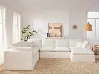 143" Cloud Sectional Couch, Boneless couches for Living Room, 7 Seater Large Modular Sectional Sofa with Deep Seat, Comfy Soft Cushions, No Assembly, Beige