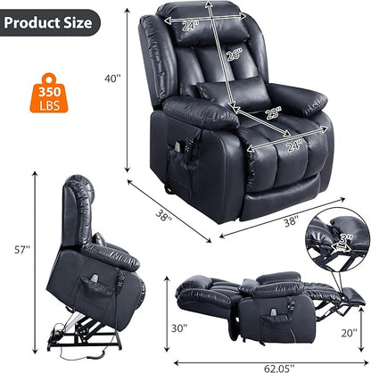 EDILLY Large Reclining Lift Chair, Dual Motor Massage Chair, Genuine Leather Recliner with Heating and Massage for Seniors, with Double Lumbar Cushion and Extended Footrest, USB Port(Blue)