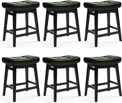 Counter Height Bar Stools Set of 6 for Kitchen Counter Farmhouse Modern Barstools with Faux Leather Upholstered Backless Seat and Solid Wood Legs 24 inch Bar Chairs, Green + Black