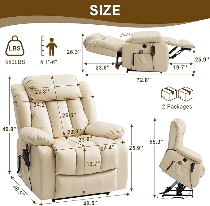 Dual Motor Large Power Lift Recliner Chair for Elderly with Heat and Massage,Lay Flat Lift Chairs Recliners for Seniors Infinite Position,USB Ports&Remote, Genuine Leather (Beige)
