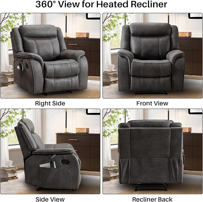 Massage Recliner Chair with Heated, Faux Leather Recliner Chairs for Adults, 39" Wide Manual Reclining Ergonomic Lounge Chair for Living Room with Overstuffed Backrest, Side Pocket, Grey
