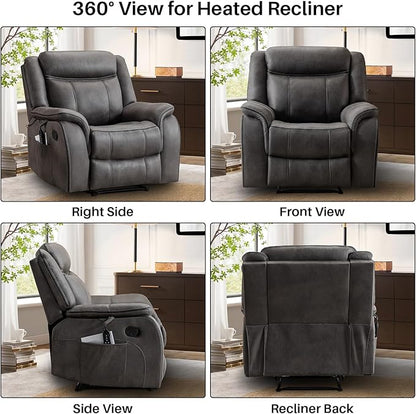 Massage Recliner Chair with Heated, Faux Leather Recliner Chairs for Adults, 39" Wide Manual Reclining Ergonomic Lounge Chair for Living Room with Overstuffed Backrest, Side Pocket, Grey
