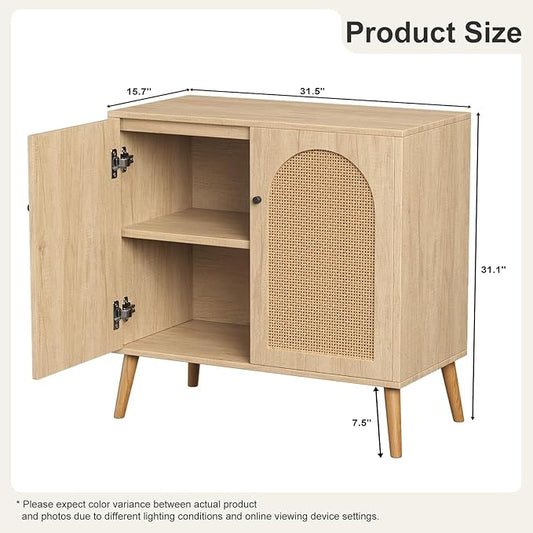 Rattan Storage Cabinet, 2-Door Boho Sideboard in Oak, Adjustable Shelf, Elegant Rattan Buffet Cabinet with Storage for Stylish Home Organization 31.5" Oak