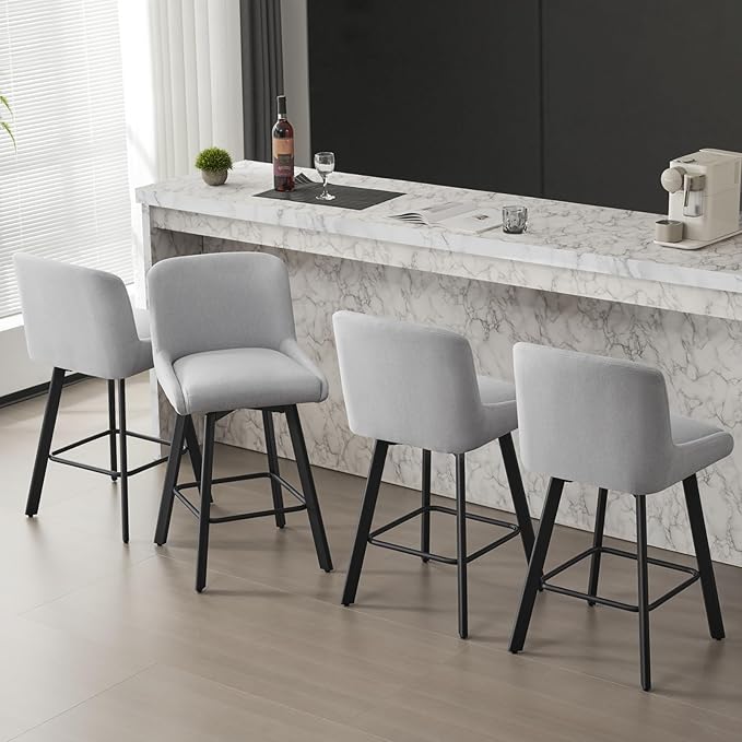 Swivel Bar Stools Set of 6, 26''H Upholstered Barstools with Backs, Modern Counter Height Bar Stool Chairs for Kitchen Island, Metal Legs, Fabric, Light Gray Counter Stools