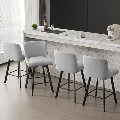 Swivel Bar Stools Set of 6, 26''H Upholstered Barstools with Backs, Modern Counter Height Bar Stool Chairs for Kitchen Island, Metal Legs, Fabric, Light Gray Counter Stools