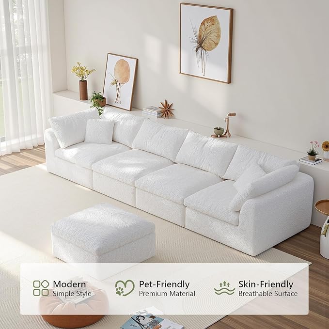 138" Boneless Cloud Couch Modular Sectional Sofa with Deep Seat for Living Room, L Shape Couch with Ottoman, Snowflake Cloth and 40D Memory Sponge，2 Throw Pillows (White, 4 Seater+1 Ottoman)