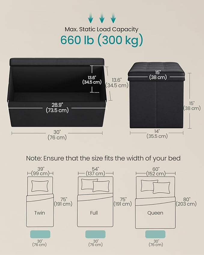 SONGMICS MAZIE Collection - 30 Inches Folding Storage Ottoman Bench, Ottoman with Storage, Foot Rest Stool, Load 660 lb, for Living Room, Synthetic Leather, Black ULSF105