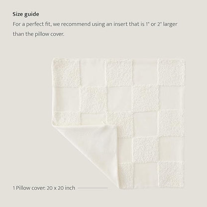 Double Stitch Checkered Throw Pillow Covers - 100% Cotton Tufted Boho Decorative Pillow Covers 20x20, Made in India, Square Plaid Cushion Case, Modern Home Decor for Couch, Sofa, Living Room, Cream