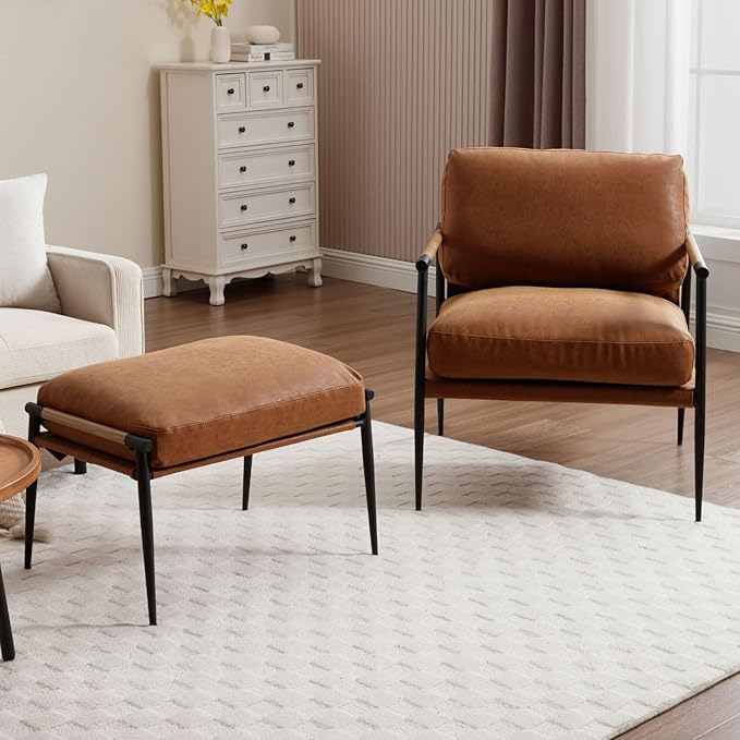 LukeAlon Mid-Century PU Leather Accent Chairs with Ottoman Set of 2, Soft Living Room Chairs with Metal Legs Modern Upholstered Armchairs Lounge Chair with Footstool for Bedroom Reading Room, Brown