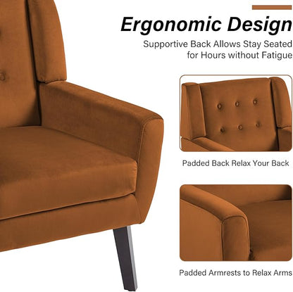 Lumibee Accent Chairs Set of 2, Velevet Fabric Armchairs for Living Room, Comfy Upholstered Arm Chairs Tufted for Indoor Bedroom Office Room (Orange Velvet)