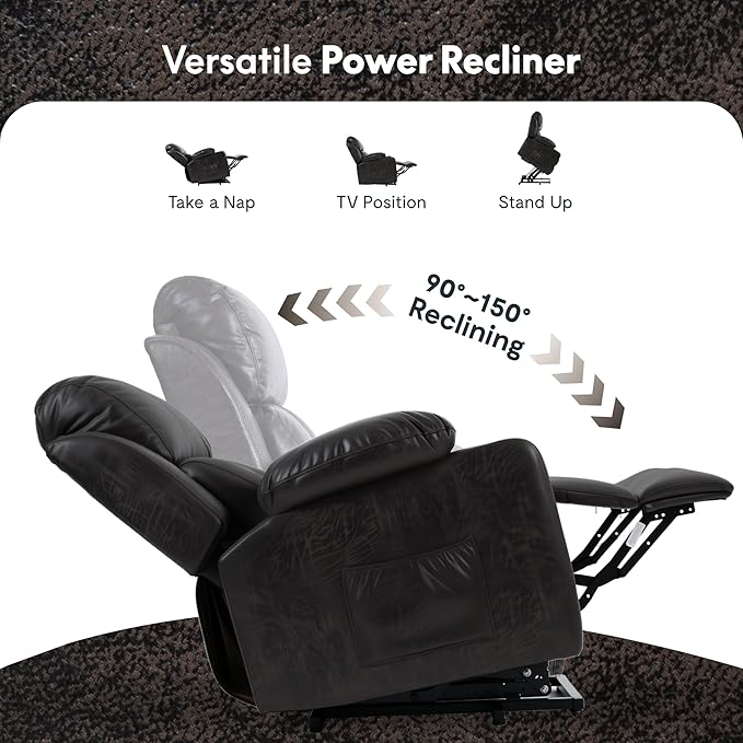 FLEXISPOT XL31-L Power Lift Recliner Chair for Elderly, Electric Lift Chair with Massage & Heat, PU Leather Reclining Sofa with Cup Holders, Side Pockets for Living Room Bedroom(Large Size, Charcoal)