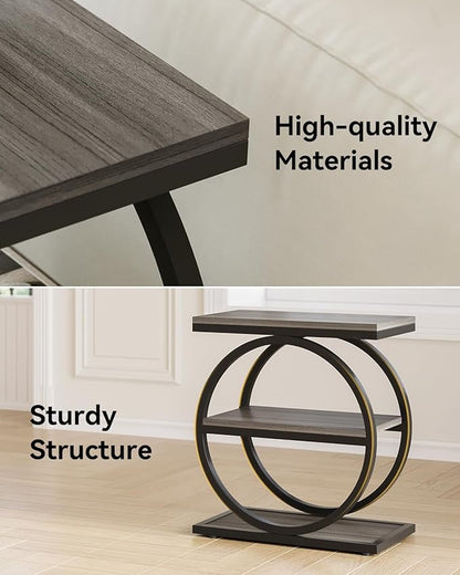 LITTLE TREE End Table Set 2, Side Table with 3 Tiers Shelves, Slim Sofa Side Table for Living Room, Tall Bedside Table Nightstand for Bedroom, Grey and Black