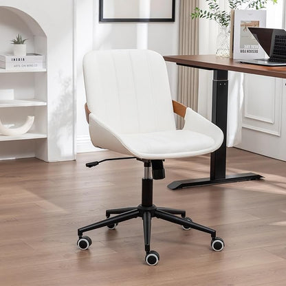Small Home Office Chair No Arms,PU Leather Desk Chair with Wheels,Adjustable Height Work Chair,360° Swivel Computer Desk Chair for Office, Reading and Study (Beige)