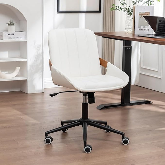 Small Home Office Chair No Arms,PU Leather Desk Chair with Wheels,Adjustable Height Work Chair,360° Swivel Computer Desk Chair for Office, Reading and Study (Beige)