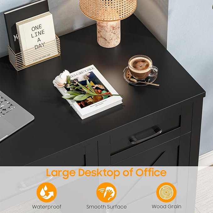 Vabches Farmhouse 59" Executive Desk,Computer Desk with 3 Drawers and Storage Cabinet,Home Office Desk for Work and Study. Pure Black