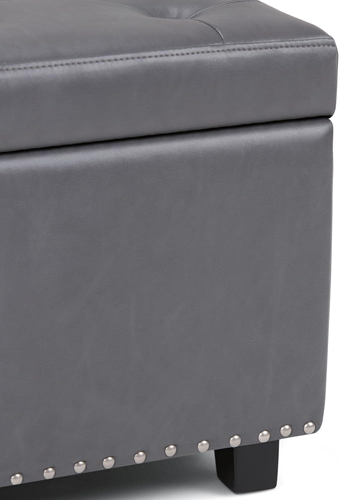 SIMPLIHOME Hamilton 48 inch Wide Transitional Rectangle Storage Ottoman in Stone Grey Vegan Faux Leather, Assembled, For the Living Room, Entryway and Family Room