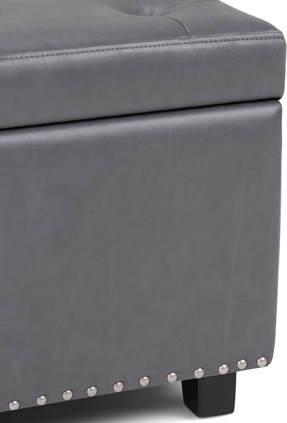 SIMPLIHOME Hamilton 48 inch Wide Transitional Rectangle Storage Ottoman in Stone Grey Vegan Faux Leather, Assembled, For the Living Room, Entryway and Family Room