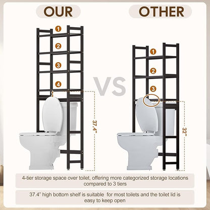 Over The Toilet Storage with 2 Baskets, 4-Tier Bamboo Organizer Rack with Paper Holder & 4 Hooks & Waterproof Feet Pad,Freestanding Shelf for Bathroom(Brown)