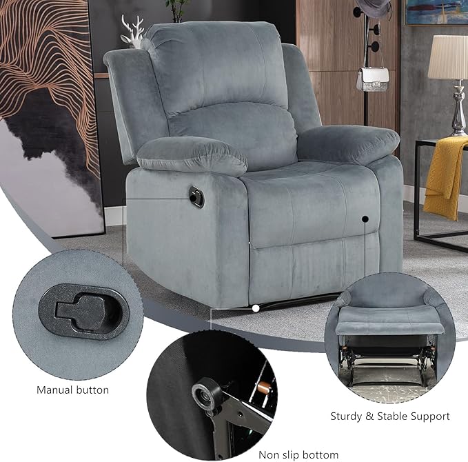 CANMOV Manual Recliner Chair Set of 2, Soft Fabric Overstuffed Recliner Single Sofa Chair for Living Room, Heavy Duty and Safety Reclining Mechanism (Blue Grey)