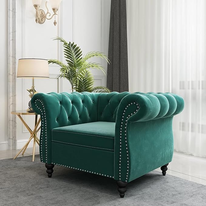 Living Room Chair, Modern Velvet Chesterfield Sofa Chair, Mid Century Single Sofa Couch Chair with Tufted Back and Rolled Arms, Accent Sofa Chair for Living Room Apartment, Green