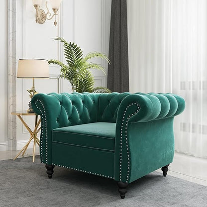 Living Room Chair, Modern Velvet Chesterfield Sofa Chair, Mid Century Single Sofa Couch Chair with Tufted Back and Rolled Arms, Accent Sofa Chair for Living Room Apartment, Green