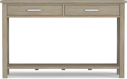 SIMPLIHOME Kitchener Console Table - 47 Inch Wide Solid Wood Sofa Table in Distressed Grey, Contemporary Storage Table for Entryway or Living Room with 2 Drawers, Bottom Shelf, and X-Design Sides