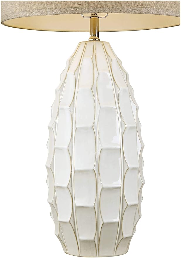 Possini Euro Design Cosgrove Mid Century Modern Coastal Table Lamp 32.75" Tall Ceramic White Handcrafted Beige Fabric Drum Shade Decor for Living Room Bedroom House Bedside Home (Colors May Vary)