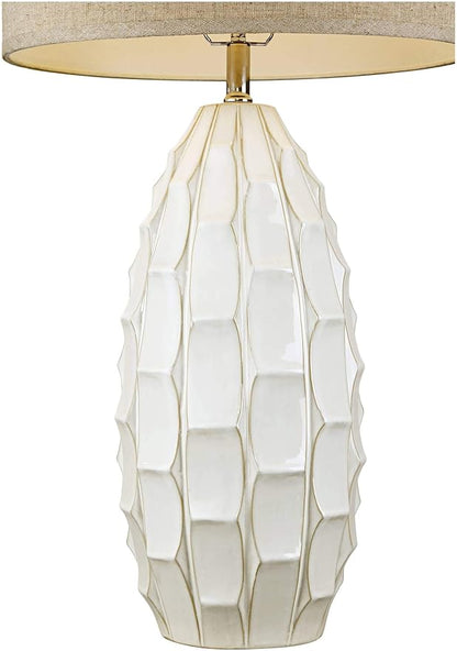 Possini Euro Design Cosgrove Mid Century Modern Coastal Table Lamp 32.75" Tall Ceramic White Handcrafted Beige Fabric Drum Shade Decor for Living Room Bedroom House Bedside Home (Colors May Vary)