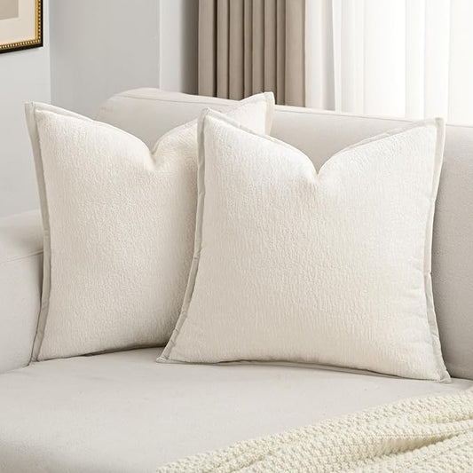 FUTEI Cream White Chenille Throw Pillow Covers 22x22 Inch Set of 2,Soft Cozy Bound Edge Design Cushion Case,Home Decor for Couch Bed Living Room