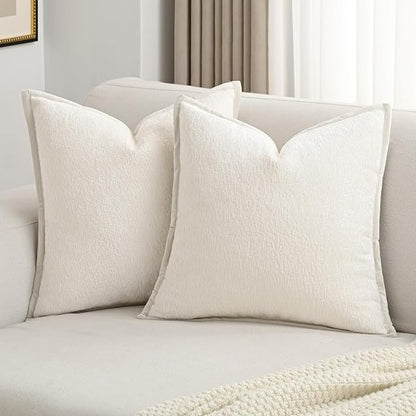 FUTEI Cream White Chenille Throw Pillow Covers 24x24 Inch Set of 2,Soft Cozy Bound Edge Design European Cushion Cover,Home Decor for Couch Bed Living Room