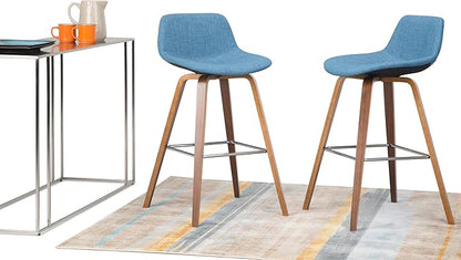 SIMPLIHOME Randolph Counter Stools (Set of 2) - 28 Inch Seat Height Upholstered Bentwood Kitchen Seats in Medium Blue Linen Look Fabric, Mid Century Modern Seating with Curved Backrest and Footrest