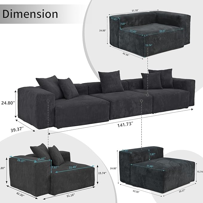 WJShome Modular Sectional Sofa Couch,141.73inch Oversized 3 Seater Sofa,Upholstered with Corduroy Fabric Couches with 5 Pillows,Cushion Covers Removable& Washable,