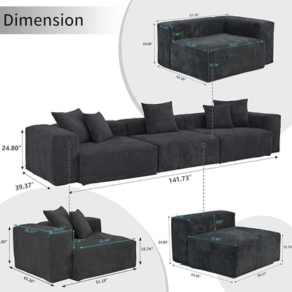 WJShome Modular Sectional Sofa Couch,141.73inch Oversized 3 Seater Sofa,Upholstered with Corduroy Fabric Couches with 5 Pillows,Cushion Covers Removable& Washable,